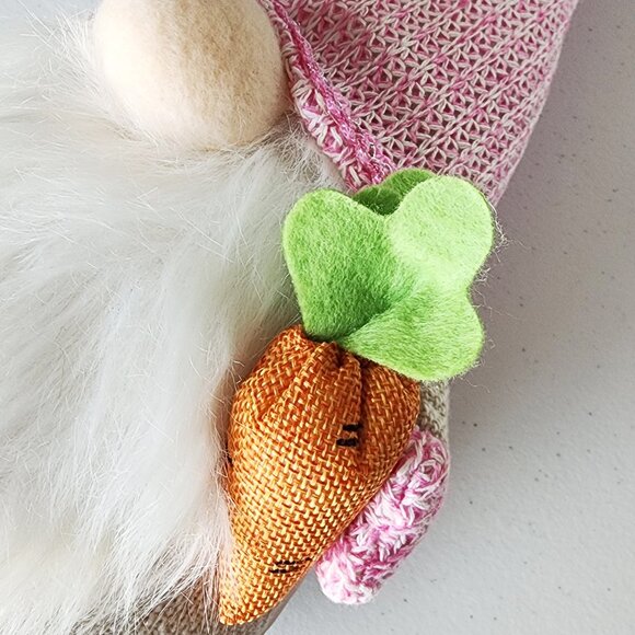 EASTER GNOME in Pink w/ Knit Hat, Carrot, & Bread | Spring Easter Decor - Picture 4 of 7